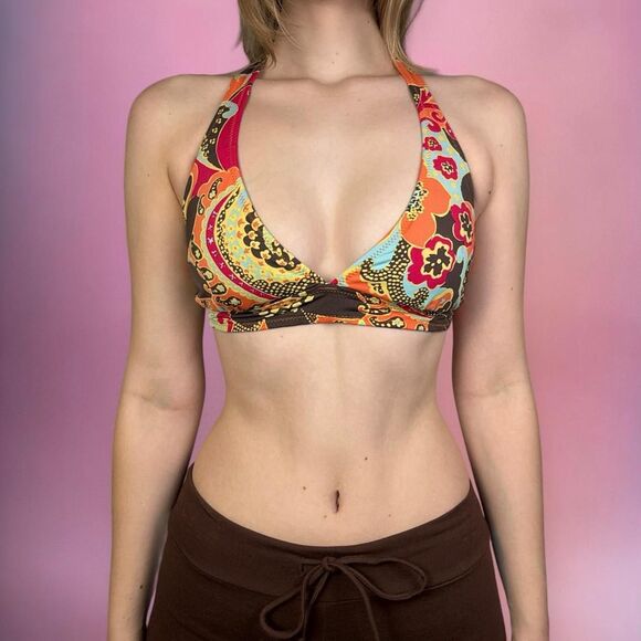 y2k coconut girl style multicolor orange paisley floral halter tie bikini top🎀 - Picture 7 of 7